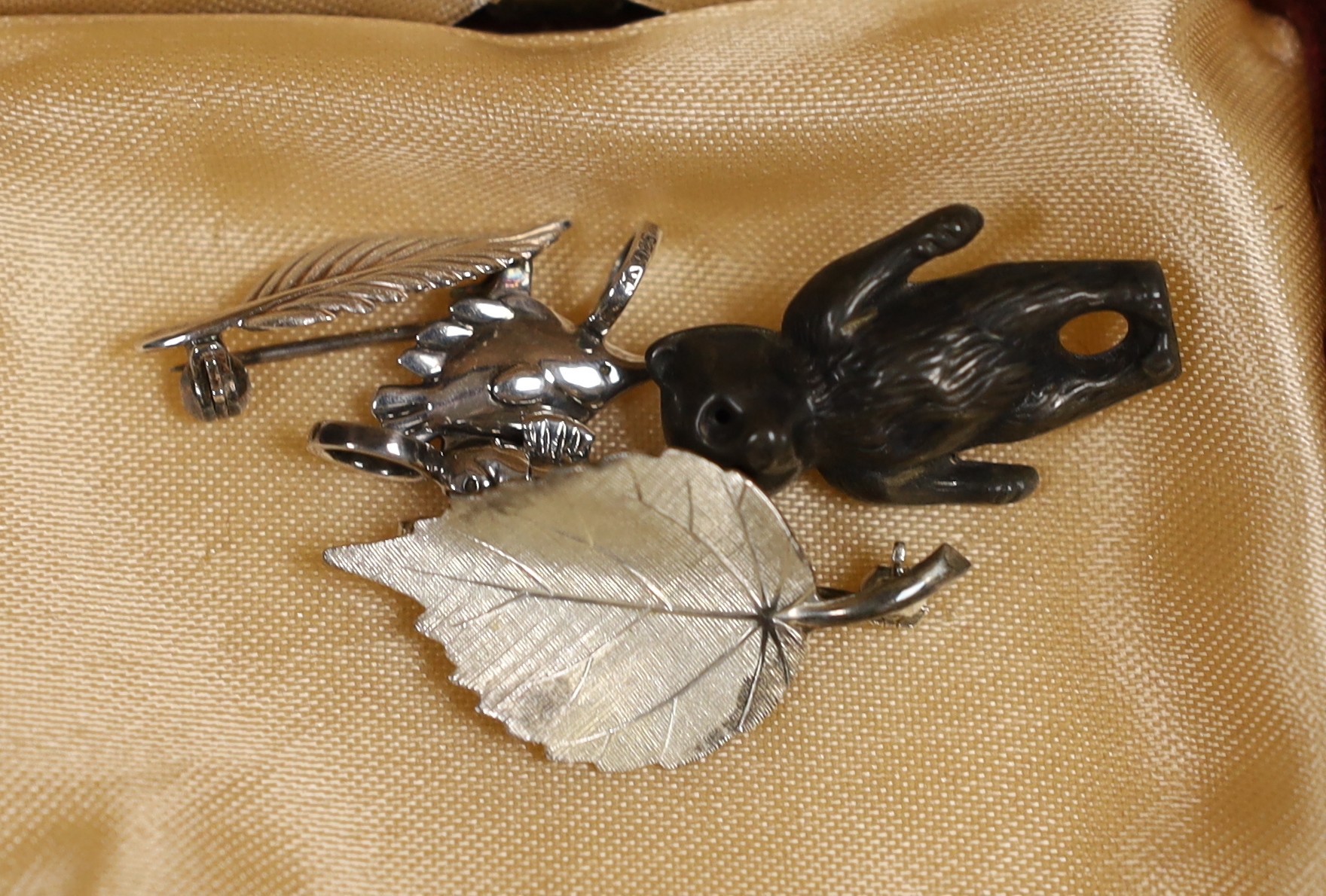 A Christian Dior costume rose brooch, 6cm, in box and a small group of sterling, white metal and costume jewellery, including Ortak Longship brooch.
